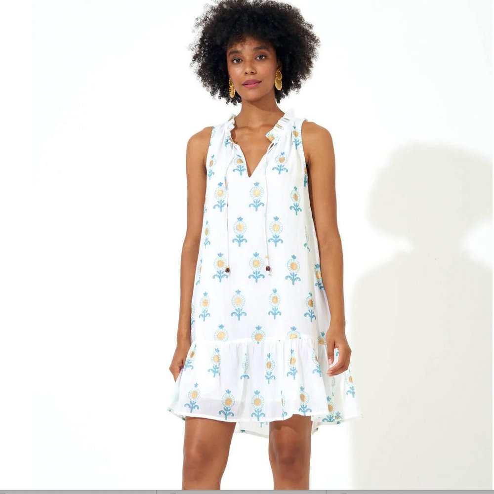OLIPHANT Ruffle Hem Dress- Leela Blue, Like New Perfect Condition, Size M